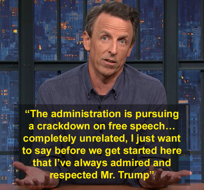 Jimmy Fallon speaking about free speech and show suspension during an interview on a late-night talk show set. Jimmy Fallon speaking about free speech and show suspension during an interview on a late-night talk show set.