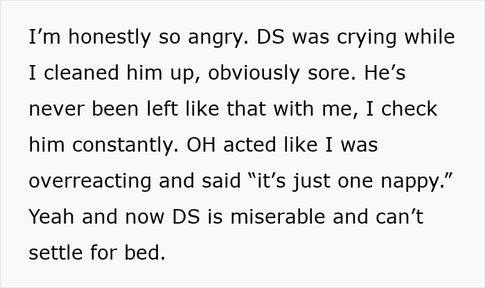 Text message expressing anger about dad forgetting to change son's diaper, causing the baby distress and mom's frustration. Text message expressing anger about dad forgetting to change son's diaper, causing the baby distress and mom's frustration.