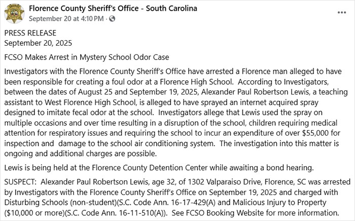 Florence teacher arrested for using poop spray at school causing $50K in repairs and student illness. Florence teacher arrested for using poop spray at school causing $50K in repairs and student illness.