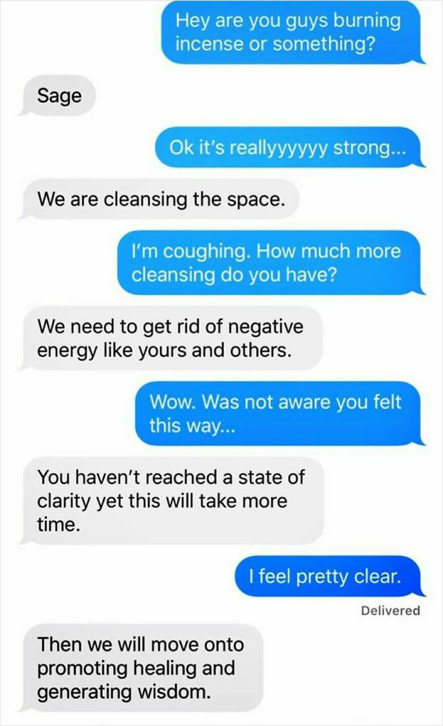 Text conversation about cleansing space and negative energy, emphasizing healing and wisdom in a peaceful, remote setting.