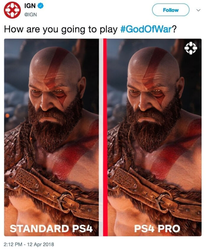 IGN tweet showing a social media fail comparing God of War graphics on Standard PS4 versus PS4 Pro with nearly identical images.