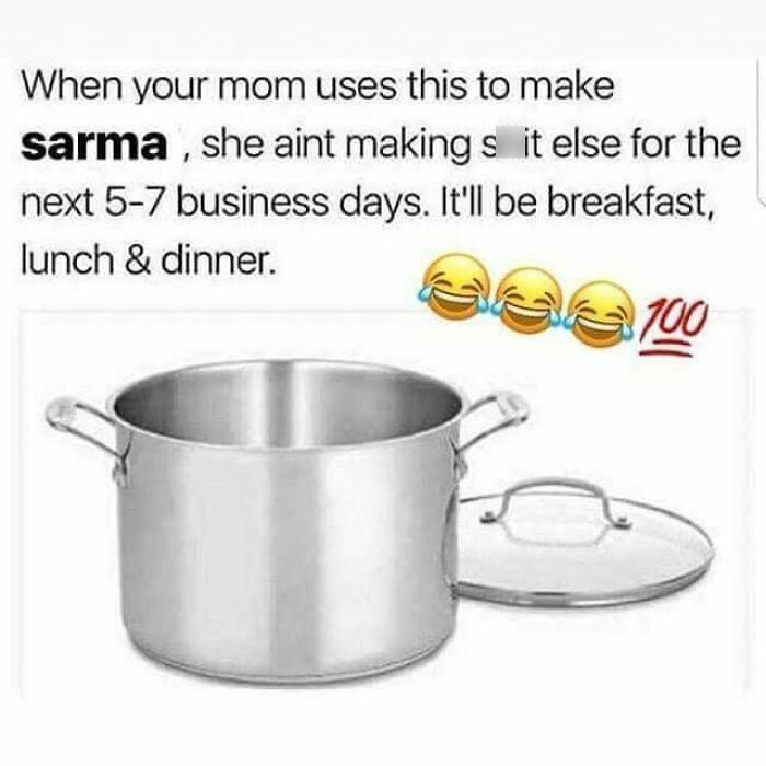 Large metal cooking pot with lid, illustrating Eastern Europe meme about making sarma for multiple meals.