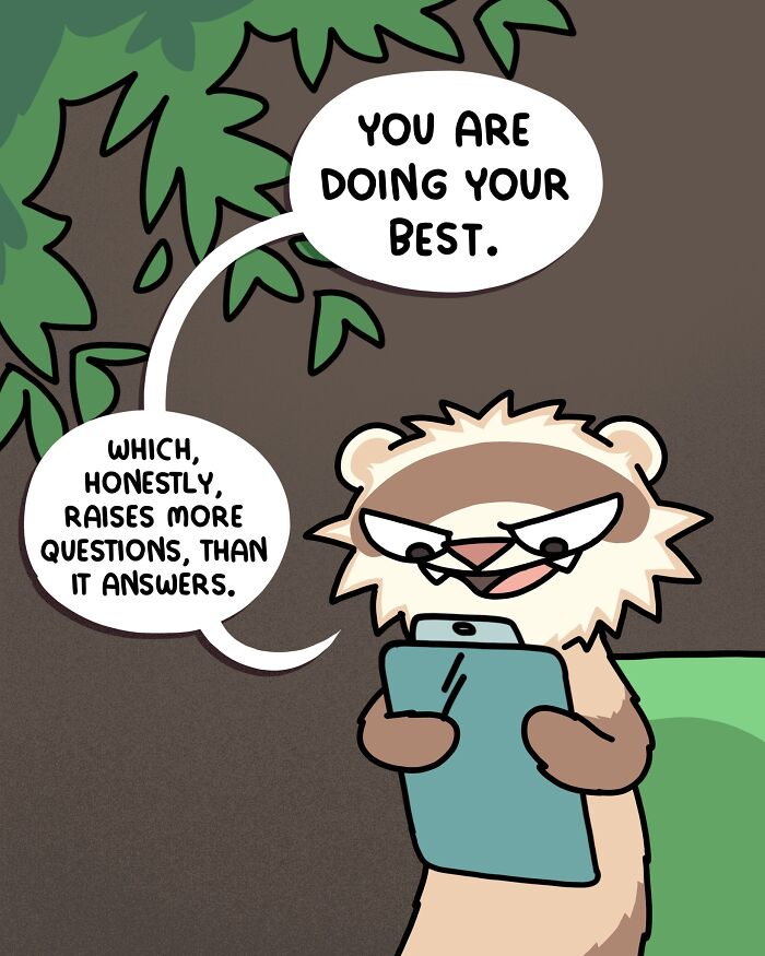 Cartoon ferret holding a clipboard, offering reassurance with speech bubbles about life strategy and validity.