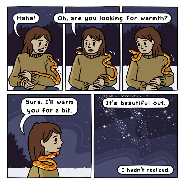 Woman driving at night through a forest road in a comic panel from playful nature and wildlife artwork series.