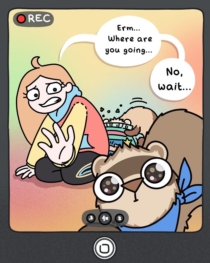 Artist sitting with two ferrets and a cat, speaking about how to train ferrets in a colorful illustrated video frame.