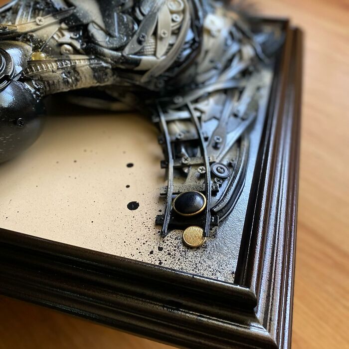 Horse sculpture made from recycled trash and metal parts, showcasing stunning animal sculptures in a framed wall art piece.