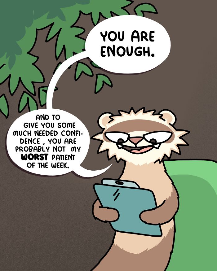 Cartoon ferret holding a clipboard, offering reassurance with speech bubbles about life strategy and validity.