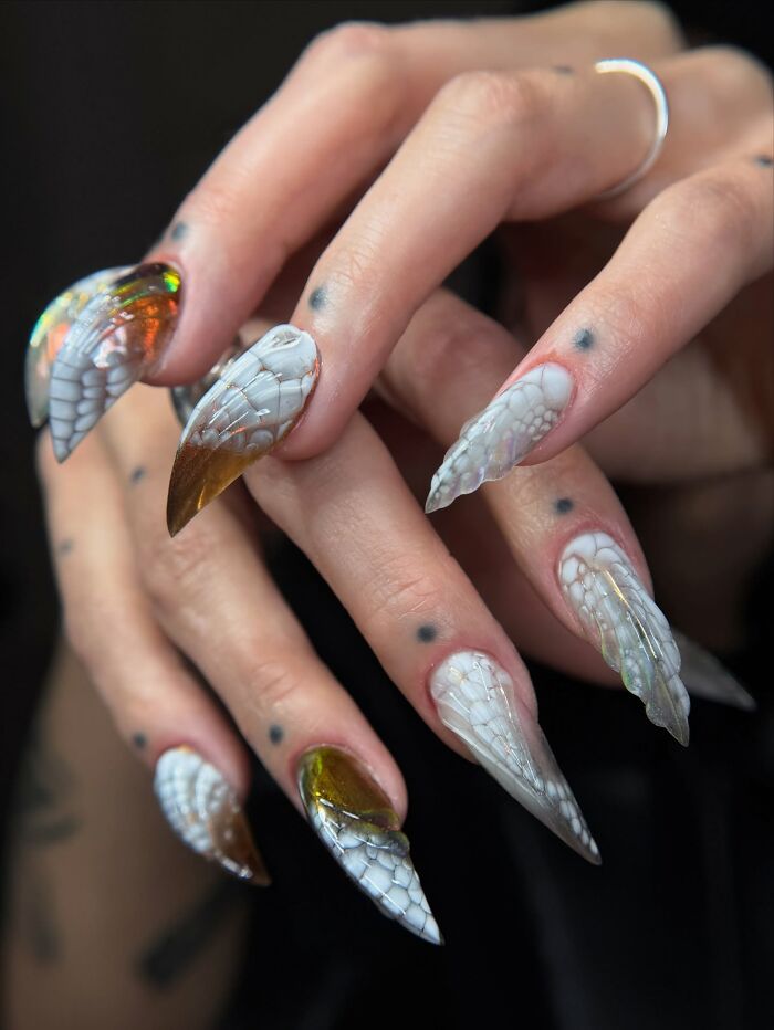 Unique nail designs with translucent butterfly wing patterns and unusual shapes creating an eye-catching look.