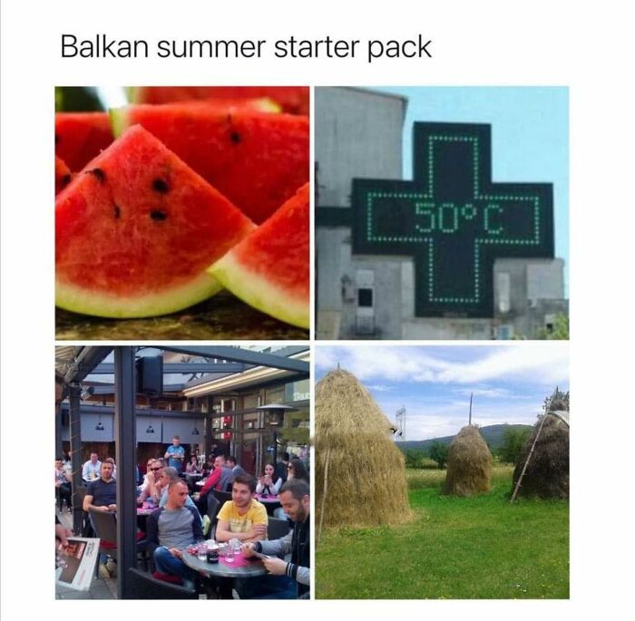 Balkan summer starter pack with watermelon, 50°C temperature sign, outdoor café, and haystacks in Eastern Europe.