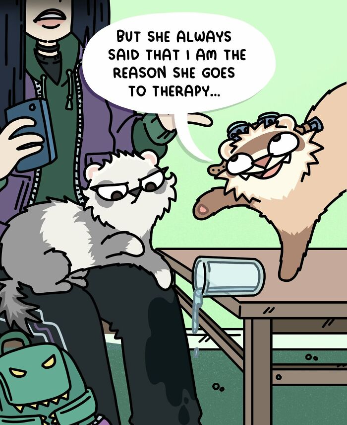 Cartoon showing two ferrets talking about being therapy ferrets, illustrating life living with two ferrets and a cat.