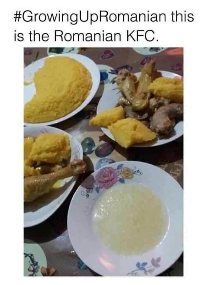 Traditional Eastern European meal with polenta and chicken, humorously called Romanian KFC by people raised in Eastern Europe.