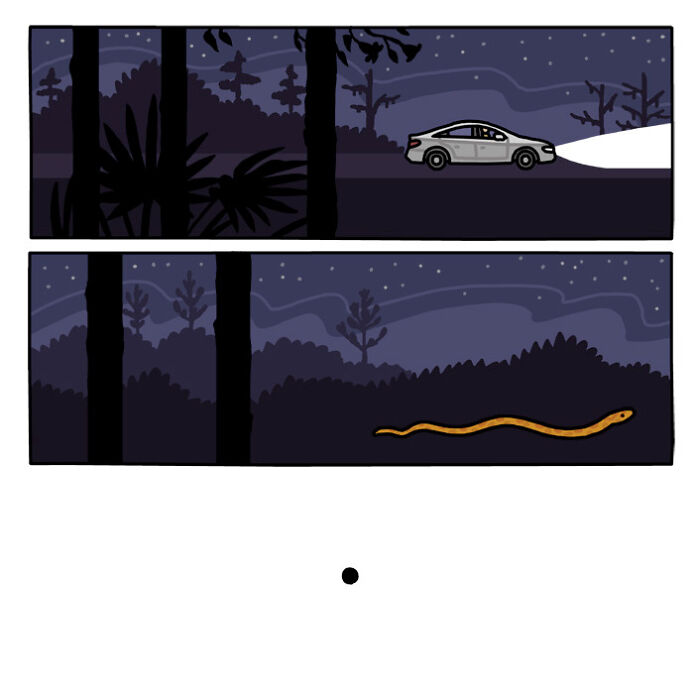 Woman driving at night through a forest road in a comic panel from playful nature and wildlife artwork series.