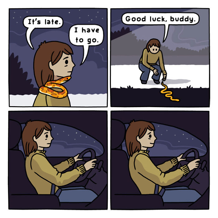 Woman driving at night through a forest road in a comic panel from playful nature and wildlife artwork series.