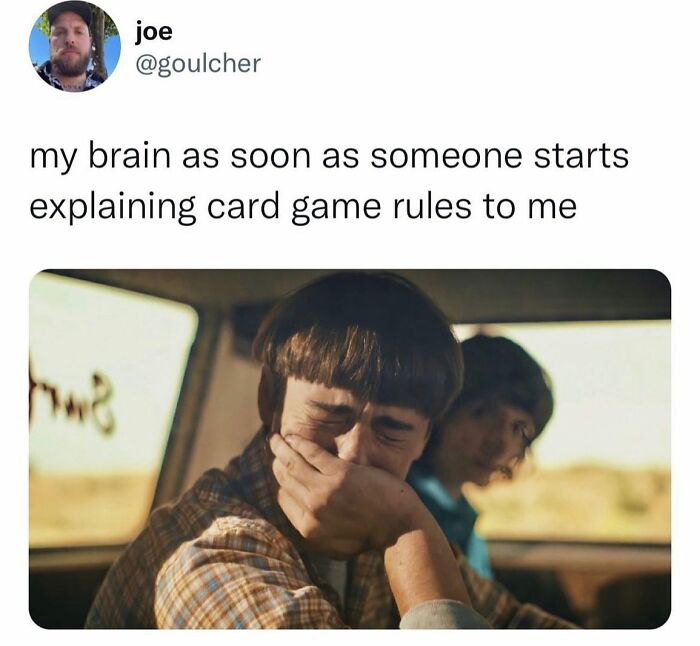 Meme showing a man covering his mouth in frustration with caption about brain reacting to card game rules, funny internet post.