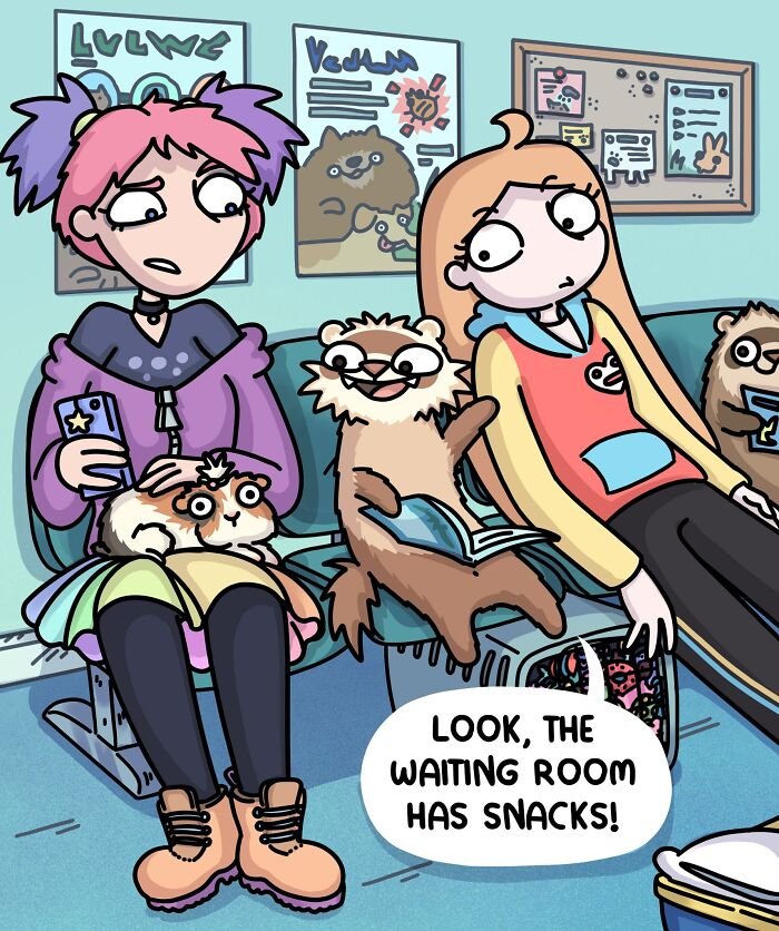 Artist with two playful ferrets and a cat in a colorful cartoon-style illustration at home.