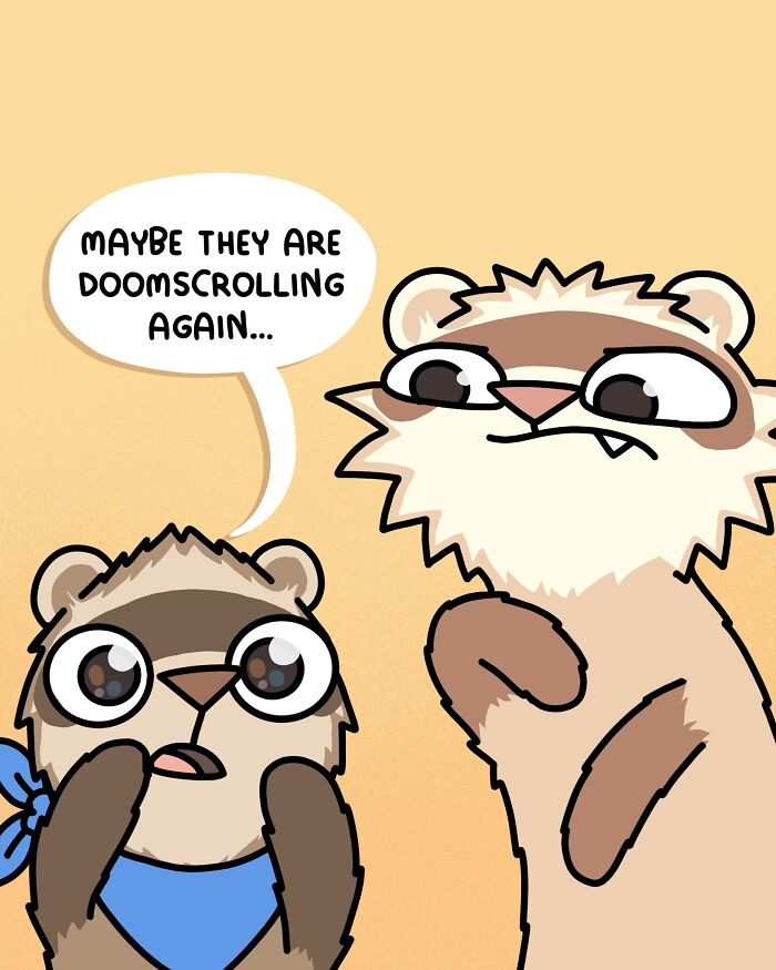 Cartoon ferret from artist documents living with two ferrets and a cat, speaking about staring at a phone.