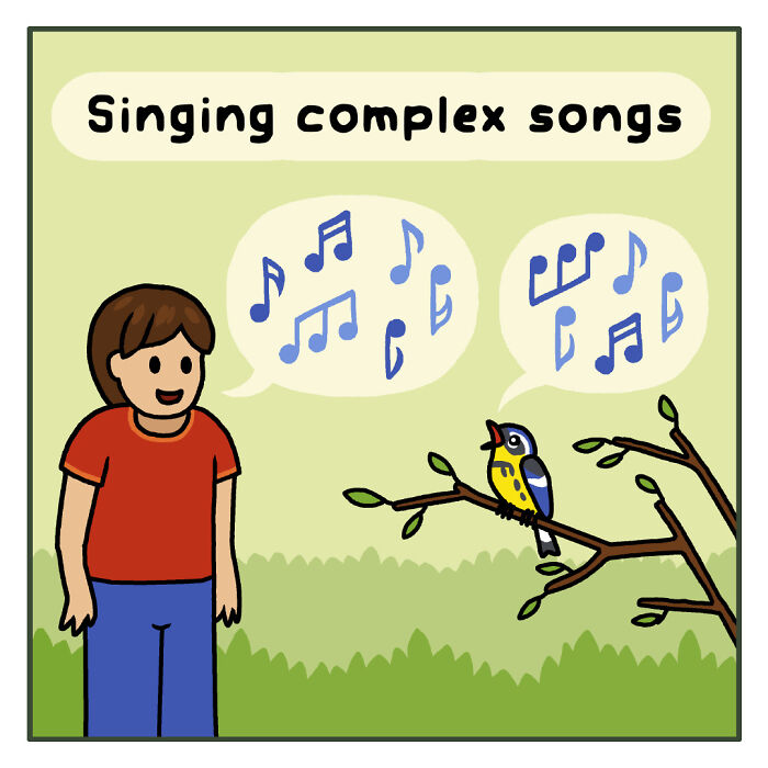 Cartoon showing a person flying with birds, illustrating playful comics about funny nature and wildlife moments.