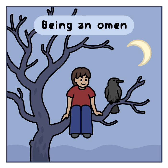 Cartoon showing a person flying with birds, illustrating playful comics about funny nature and wildlife moments.