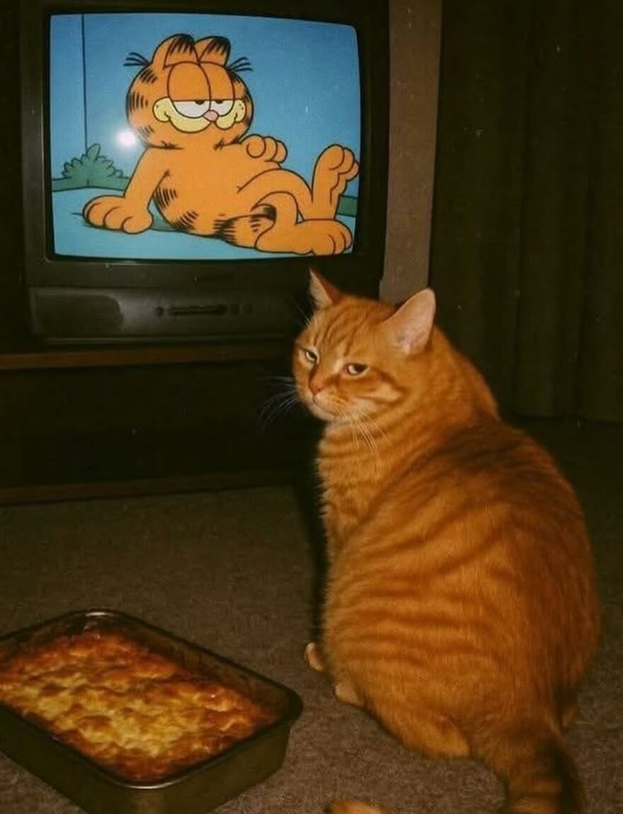 Orange tabby cat sitting on the floor watching a cartoon cat on TV with a baked dish nearby, showcasing funny cat moments.