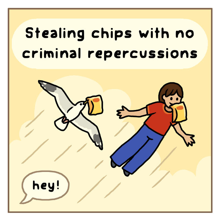 Cartoon showing a person flying with birds, illustrating playful comics about funny nature and wildlife moments.