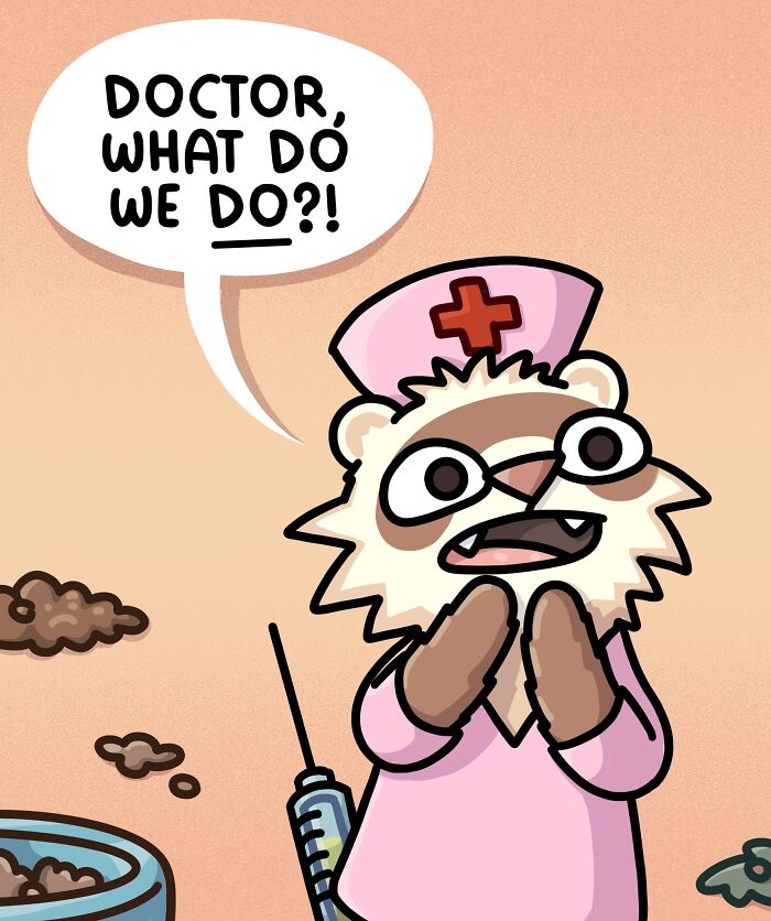 Cartoon ferret using stethoscope on a plant with speech bubble about plant crashing, living with ferrets and a cat.