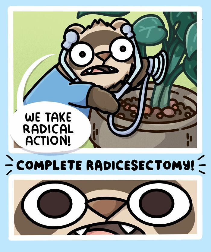 Cartoon ferret using stethoscope on a plant with speech bubble about plant crashing, living with ferrets and a cat.