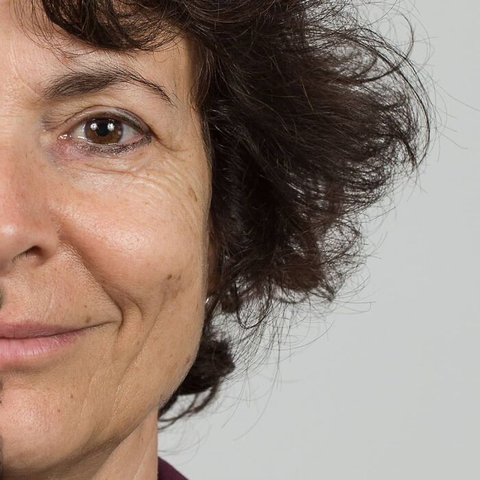 Half of a man's face combined with half of a woman's face illustrating strong family DNA and genetic portraits side-by-side.