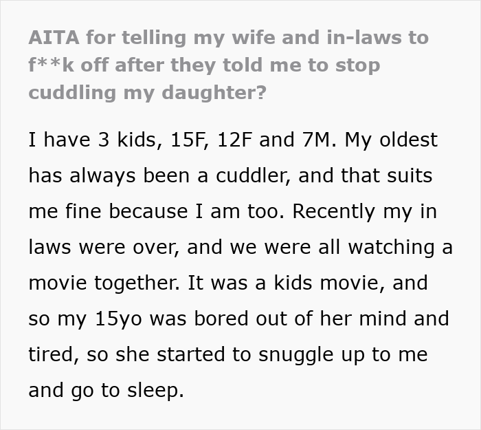 Text excerpt from a user sharing about cuddling their 15-year-old child and facing accusations from in-laws about crossing limits. Text excerpt from a user sharing about cuddling their 15-year-old child and facing accusations from in-laws about crossing limits.