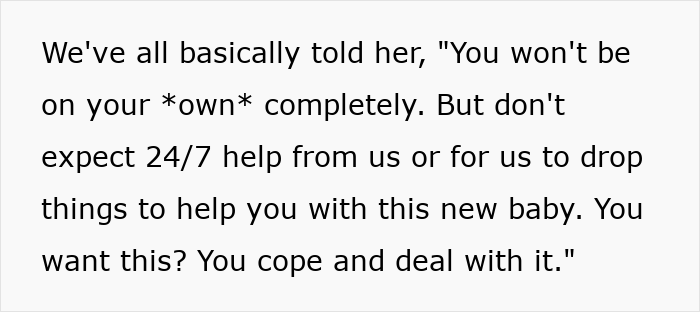 Text excerpt showing a message about not expecting 24/7 help from adult kids after a 46-year-old gets pregnant. Text excerpt showing a message about not expecting 24/7 help from adult kids after a 46-year-old gets pregnant.