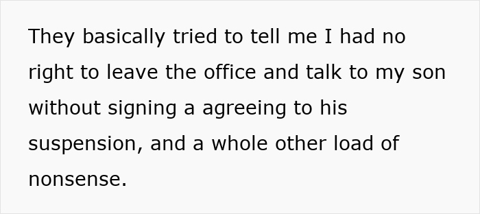 Text about a parent discussing suspension issues after teacher scares student and he reacts in shock during class. Text about a parent discussing suspension issues after teacher scares student and he reacts in shock during class.