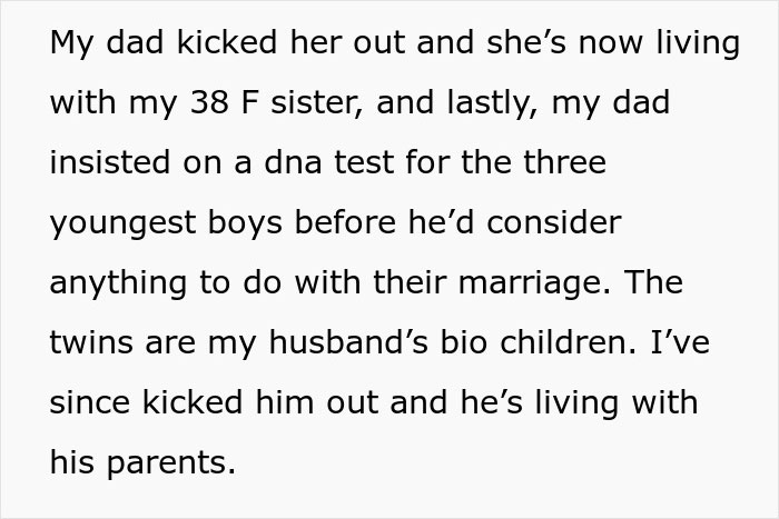 Text excerpt about family conflict involving a woman, her husband, her mom, and a DNA test revealing a 22-year affair. Text excerpt about family conflict involving a woman, her husband, her mom, and a DNA test revealing a 22-year affair.