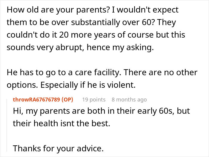Screenshot of a Reddit discussion about parents expecting son to care for autistic brother and his refusal. Screenshot of a Reddit discussion about parents expecting son to care for autistic brother and his refusal.