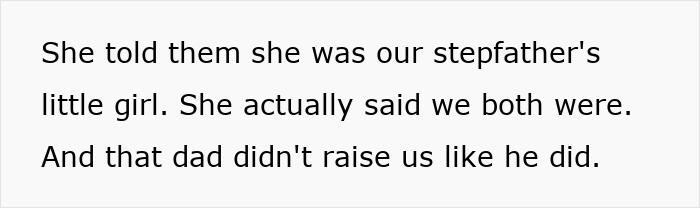 Text excerpt showing a bride refusing to acknowledge her mom's husband as her stepfather during a family conflict.