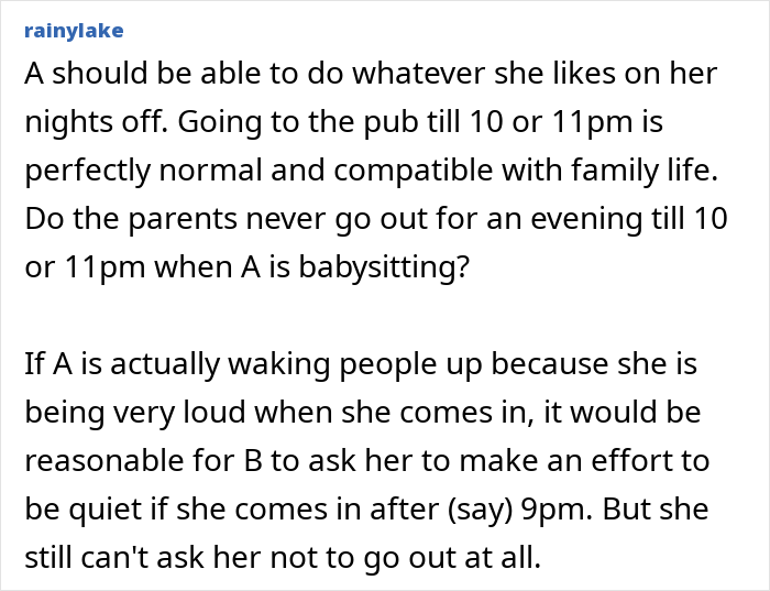 Live-in nanny curfew debated in online discussion about reasonable rules on nights off and family compatibility. Live-in nanny curfew debated in online discussion about reasonable rules on nights off and family compatibility.