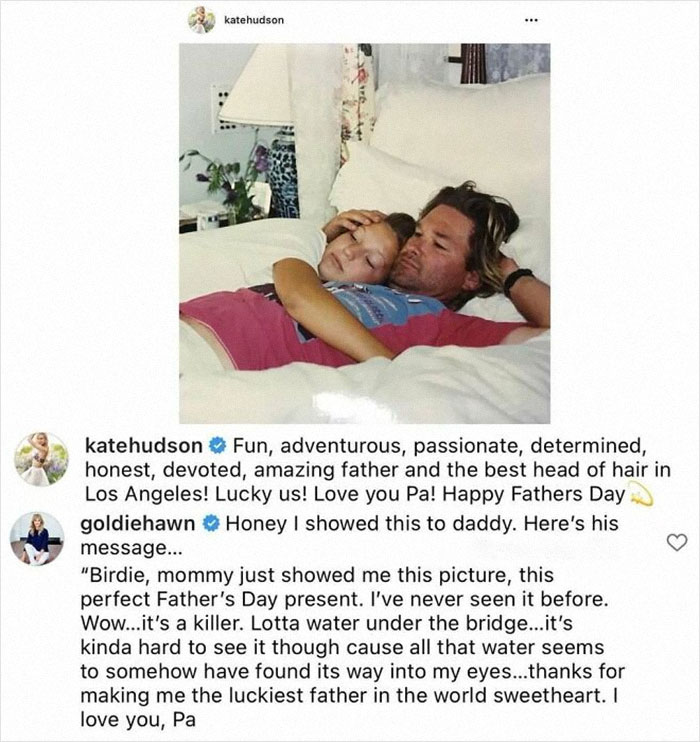 Kate Hudson and father relaxing in bed with heartfelt comments showcasing celebrity unexpected gems in interactions.