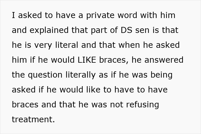 Text excerpt explaining a dentist misunderstanding an autistic kid’s literal response about braces, highlighting discrimination concerns. Text excerpt explaining a dentist misunderstanding an autistic kid’s literal response about braces, highlighting discrimination concerns.