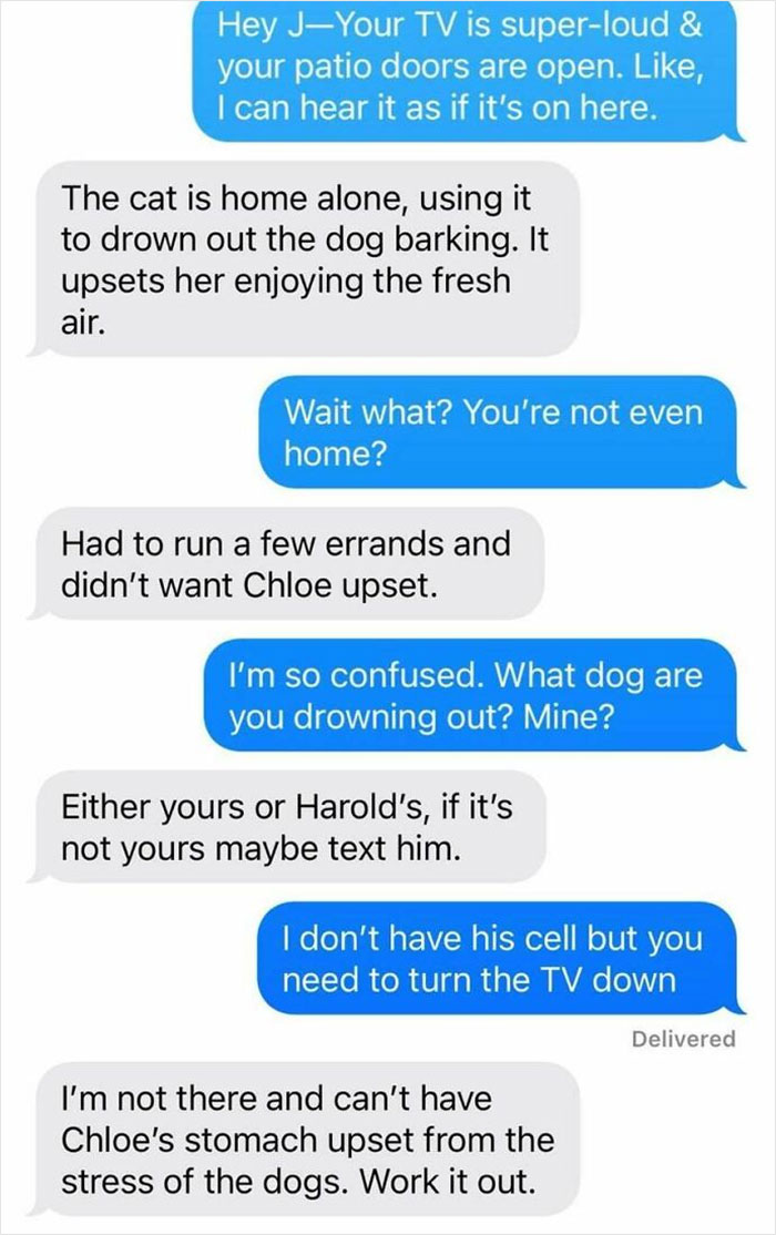 Text message conversation showing unbearable neighbor conflicts over loud TV and pets upsetting each other in shared living spaces.
