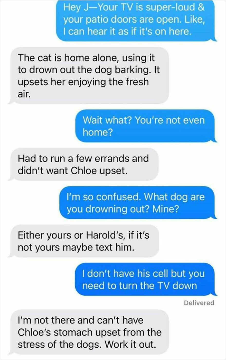 Text message exchange about loud TV and dogs barking between neighbors in a quiet rural setting with no neighbors nearby.