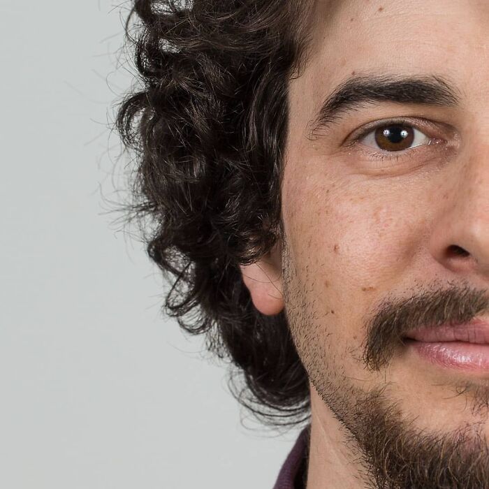 Half of a man's face combined with half of a woman's face illustrating strong family DNA and genetic portraits side-by-side.