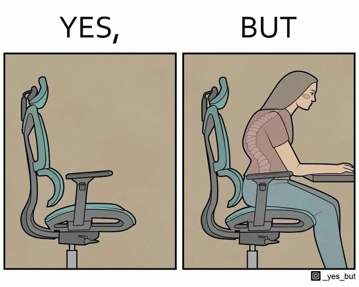 Ergonomic chair design illustrated with a comic highlighting posture issues in yes but comics style.