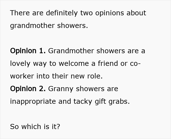 Text discussing the strong opinions people have on grandmas having a baby shower to celebrate their new status. Text discussing the strong opinions people have on grandmas having a baby shower to celebrate their new status.