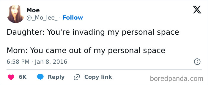 Tweet showing a humorous exchange between a daughter and mom about personal space, highlighting moms being wholesome.