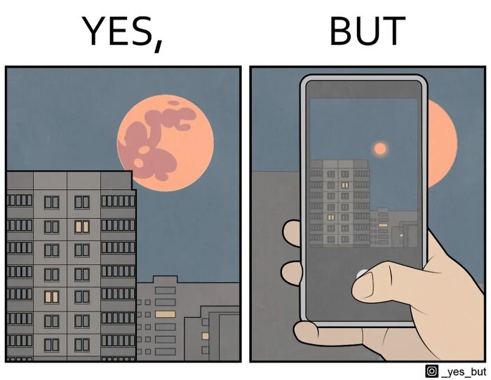 Comic panel showing a cityscape with a large red moon, followed by a hand capturing the scene on a smartphone in a yes but comic style.