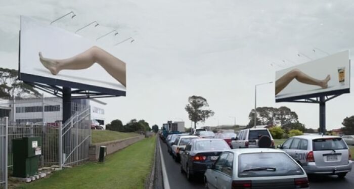 Two billboards displaying legs positioned to appear as if attached to cars illustrate advertising placement fails that made people laugh.