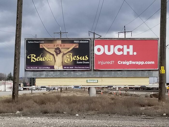 Billboards showing an advertising placement fail with conflicting messages that made people laugh instead of buy.