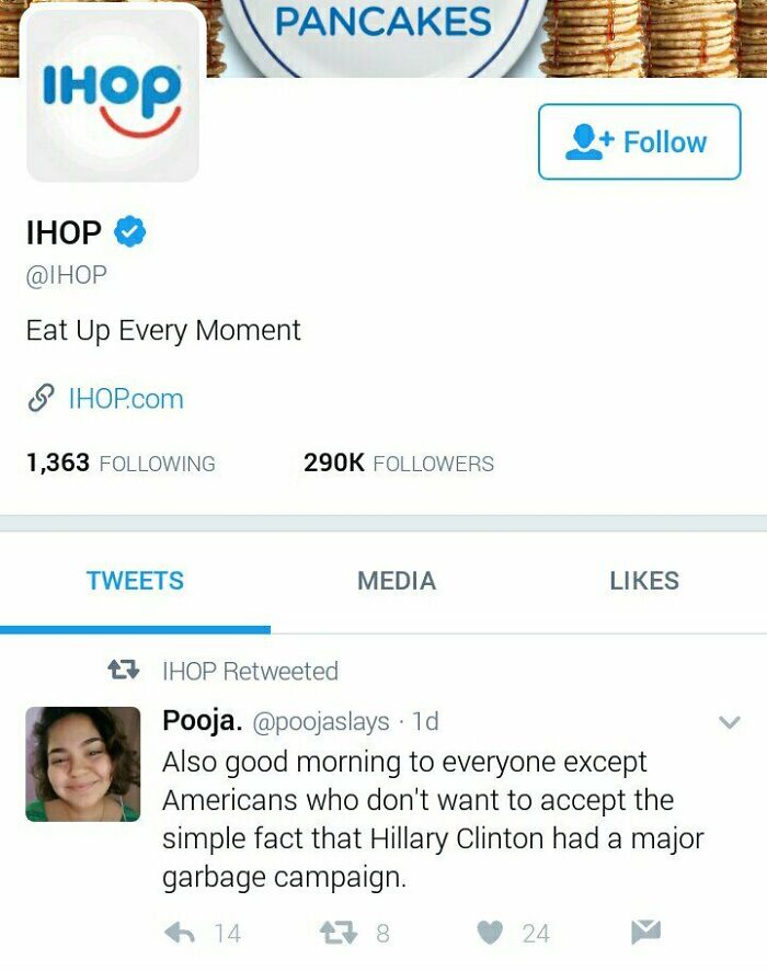 IHOP Twitter profile screenshot showing a retweeted controversial political tweet, illustrating social media failures.