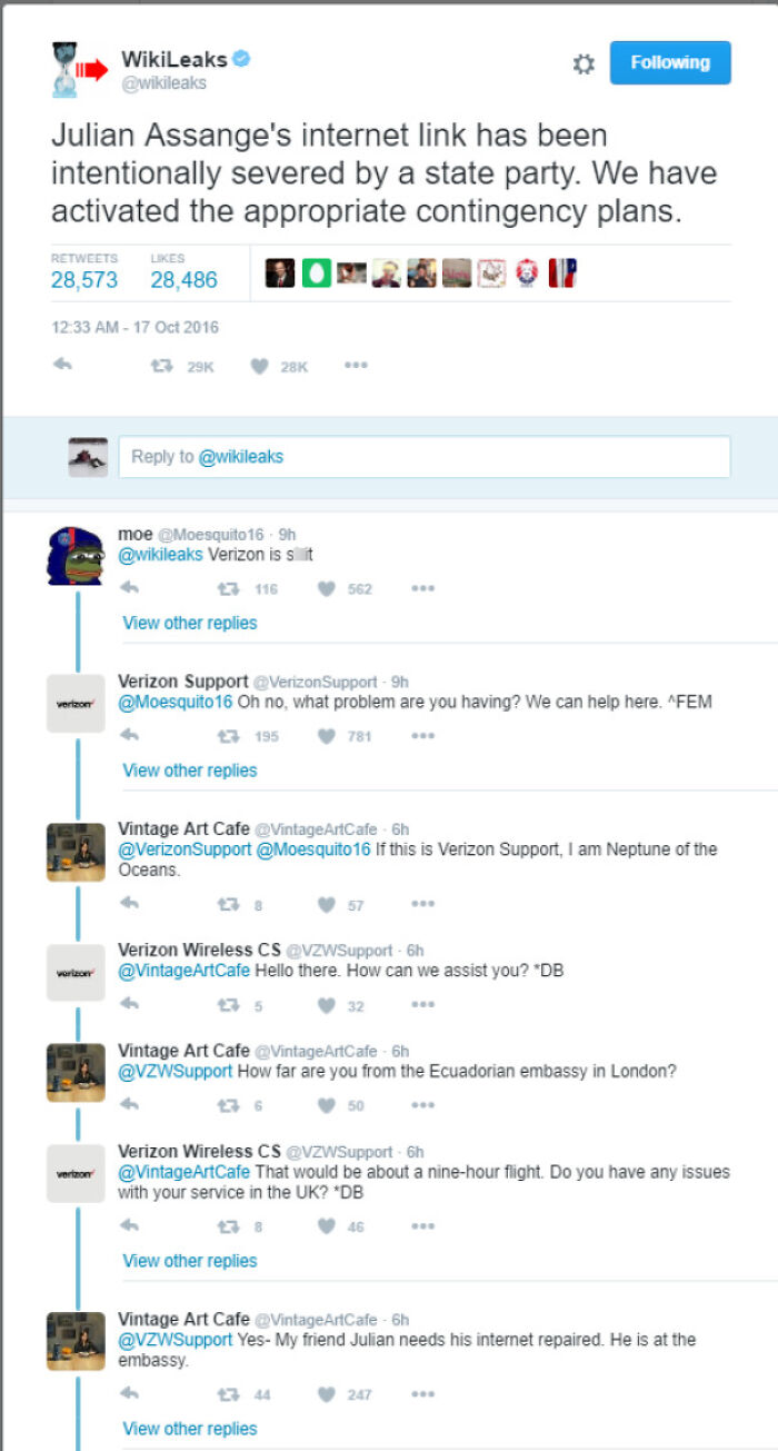 Twitter exchange showing Verizon Support's confused responses in a social media fail conversation about Julian Assange's internet.