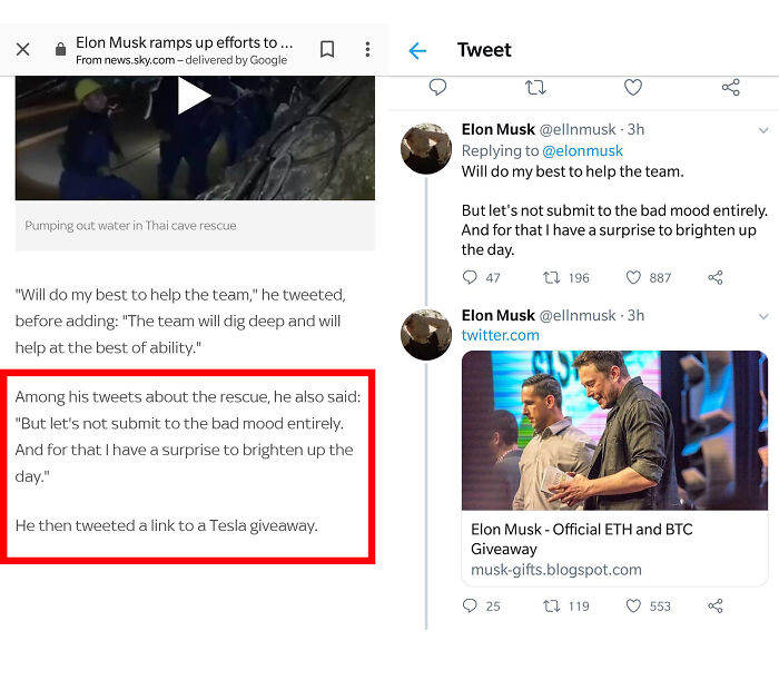 Screenshot of Elon Musk’s controversial tweet linking to a Tesla giveaway, highlighting social media failures by companies.