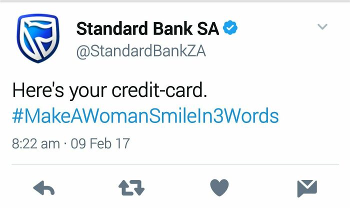 Standard Bank tweet with hashtag MakeAWomanSmileIn3Words, example of companies that failed miserably on social media.