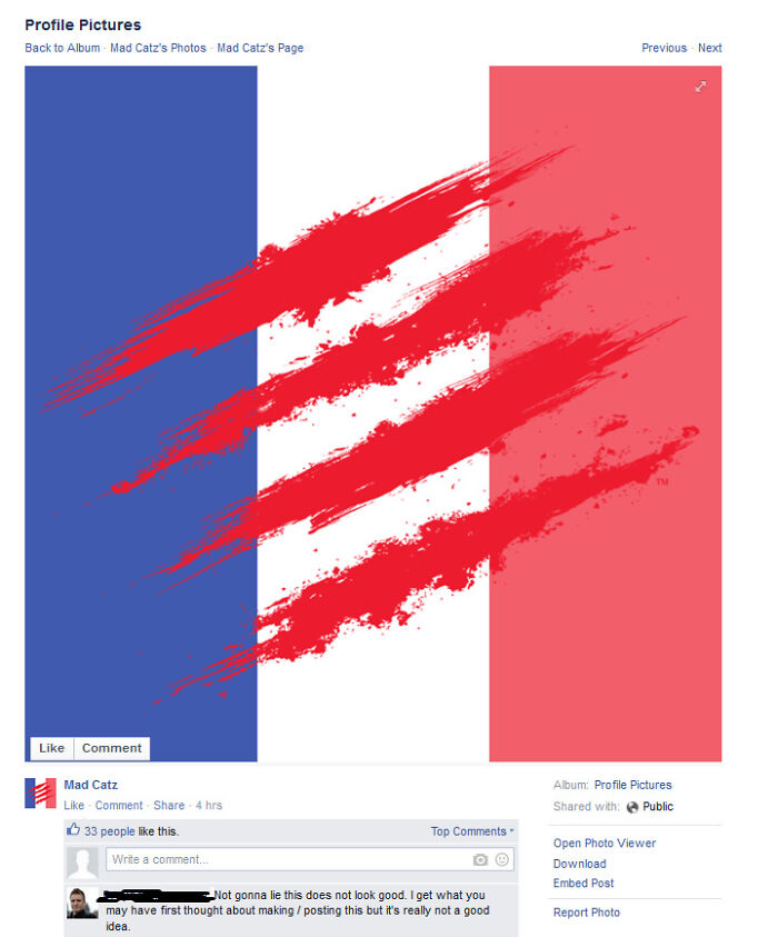 Social media fail example showing a controversial profile picture with red slashes over a blue and white background.